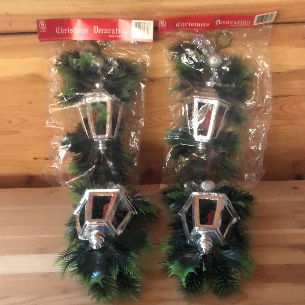 4 Vintage 1970’s Hanging Lantern & Pine Decorations 9”